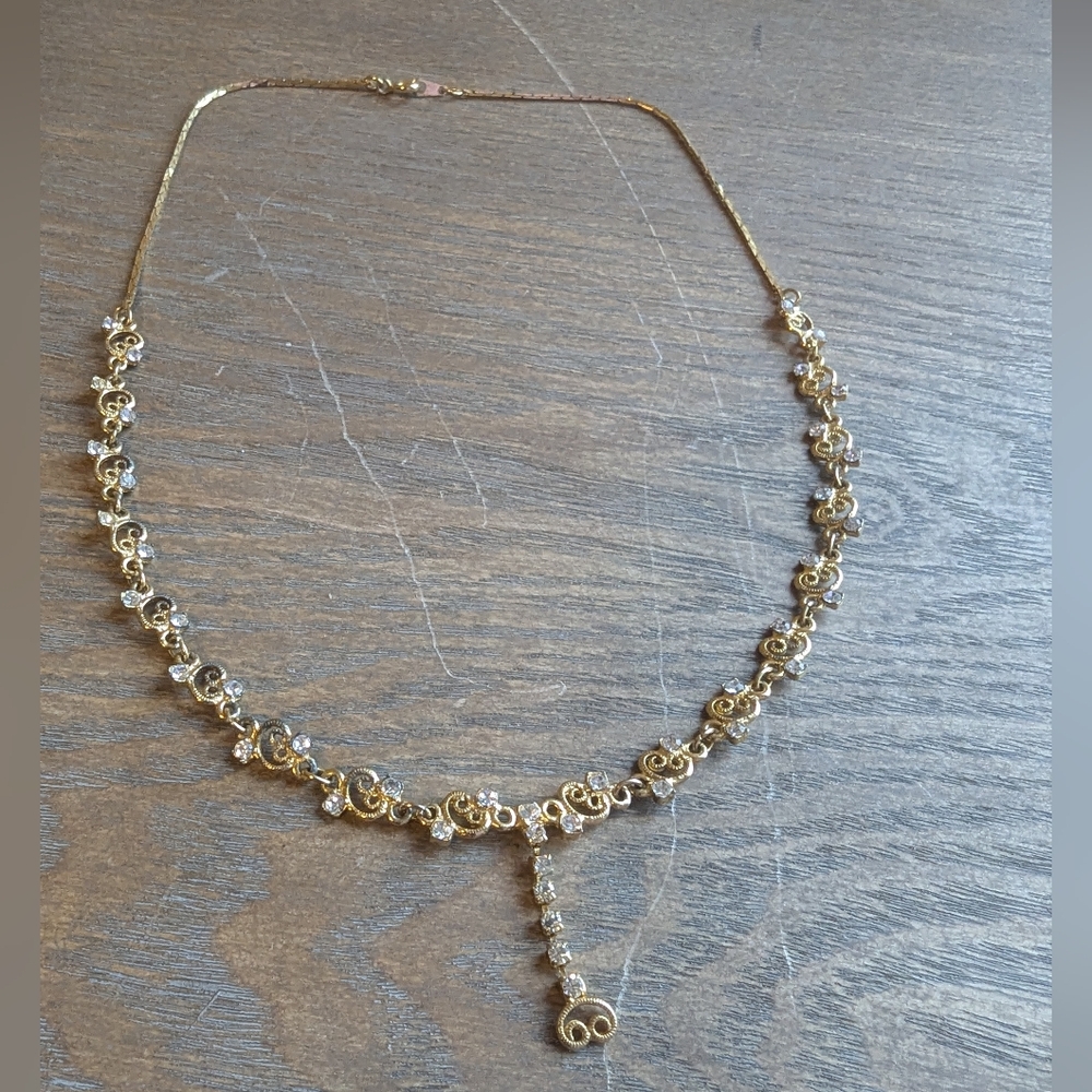 Lovely Gold Toned Bejeweled Drop Necklace